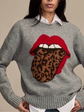 Lucky Brand Gray Sweater with Red Lip & Leopard Tongue